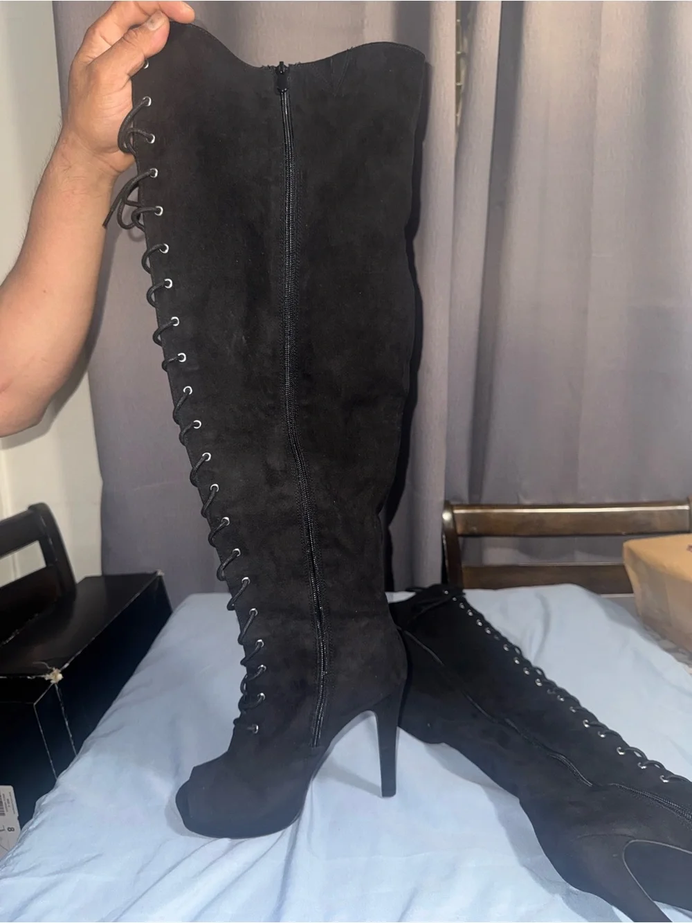 Women’s Black Lace-Up Knee-High Peep-Toe Heel Boots